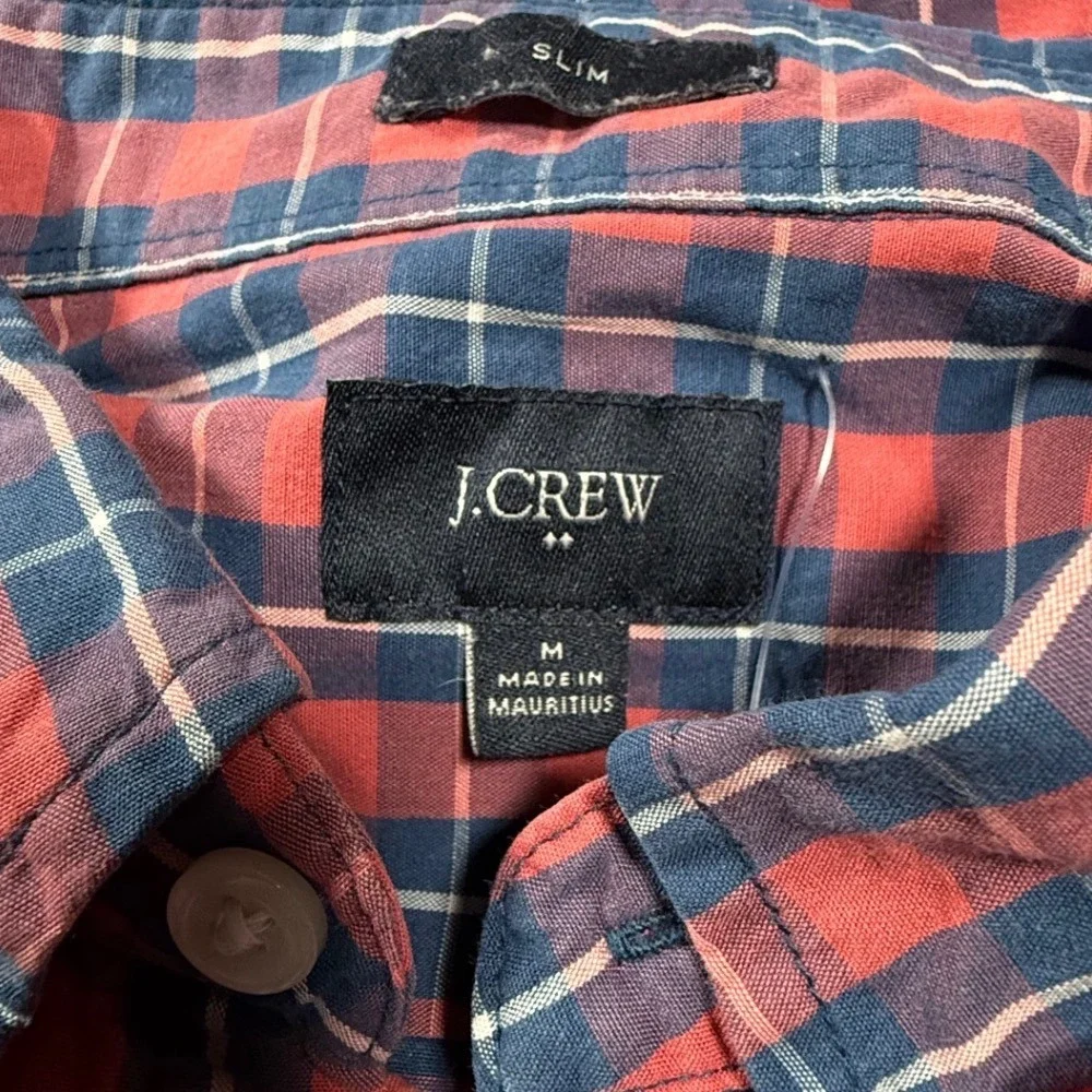 J.Crew Men's M Slim Fit Red Navy Plaid Button-Down Shirt Long Sleeve